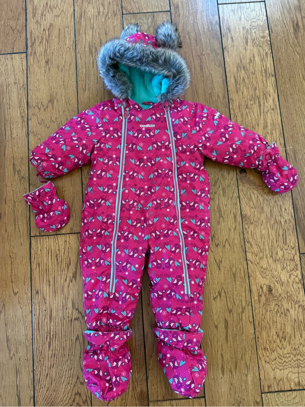 OshKosh B'gosh Hot Pink Hooded Snowsuit One-Piece with Faux Fur Trim
